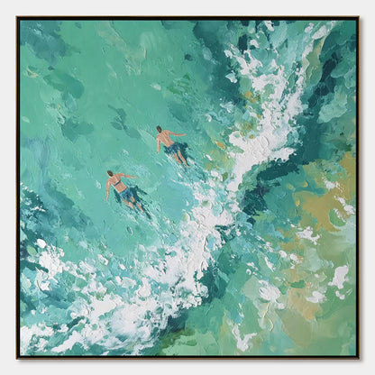 Ocean's Embrace hand-painted turquoise and ivory textured seascape painting rolled canvas option