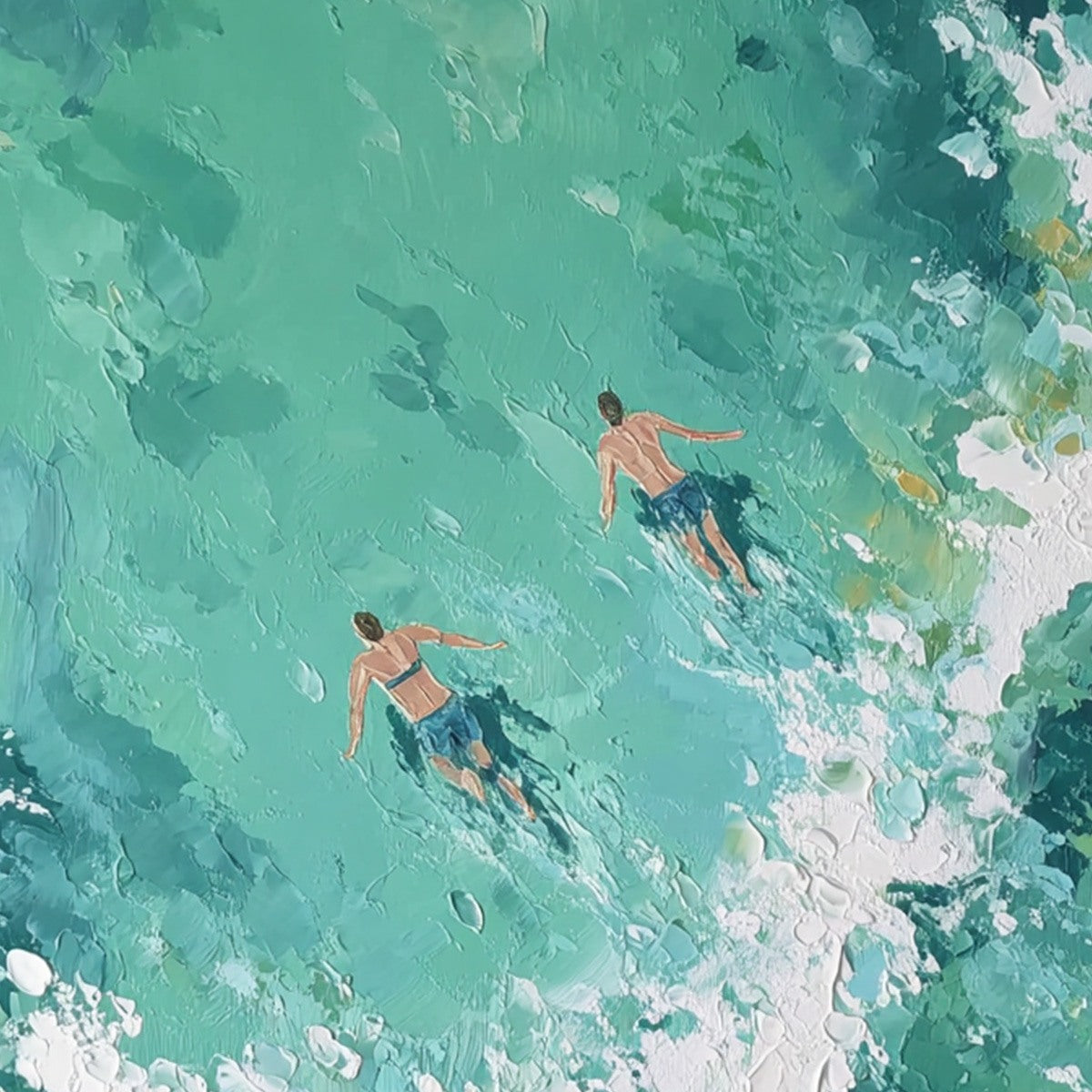 Ocean's Embrace hand-painted turquoise and ivory textured seascape painting shown with wood frame