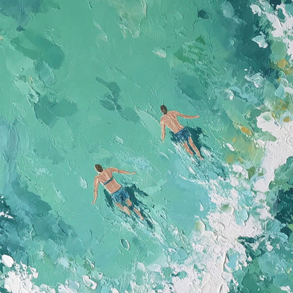 Ocean's Embrace hand-painted turquoise and ivory textured seascape painting shown with wood frame