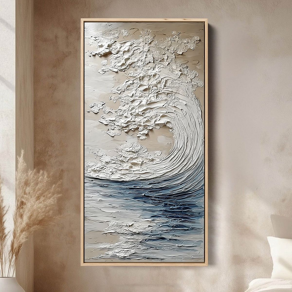 Ocean's Embrace hand-painted beige and ivory textured ocean wave painting shown as stretched canvas