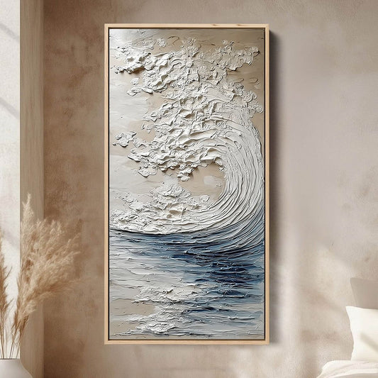 Ocean's Embrace hand-painted beige and ivory textured ocean wave painting shown as stretched canvas