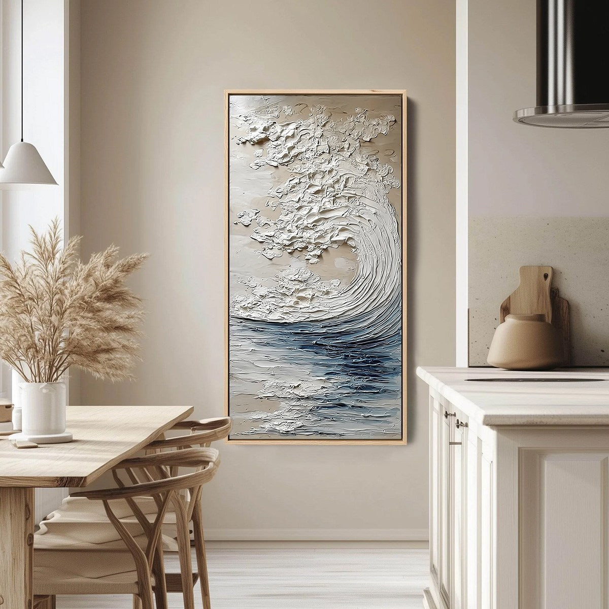 Ocean's Embrace hand-painted beige and ivory textured ocean wave painting shown with silver frame