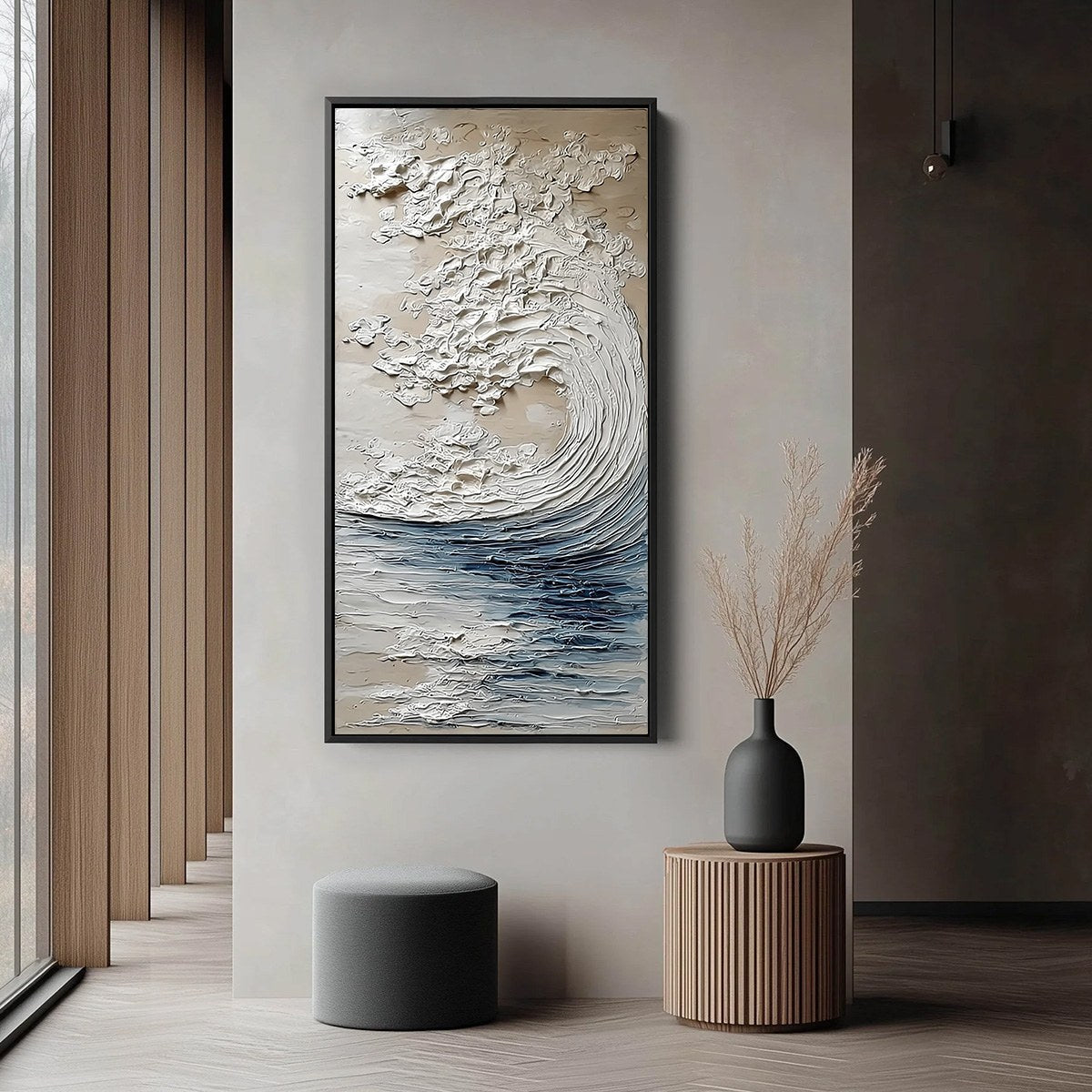 Ocean's Embrace hand-painted beige and ivory textured ocean wave painting shown with black frame