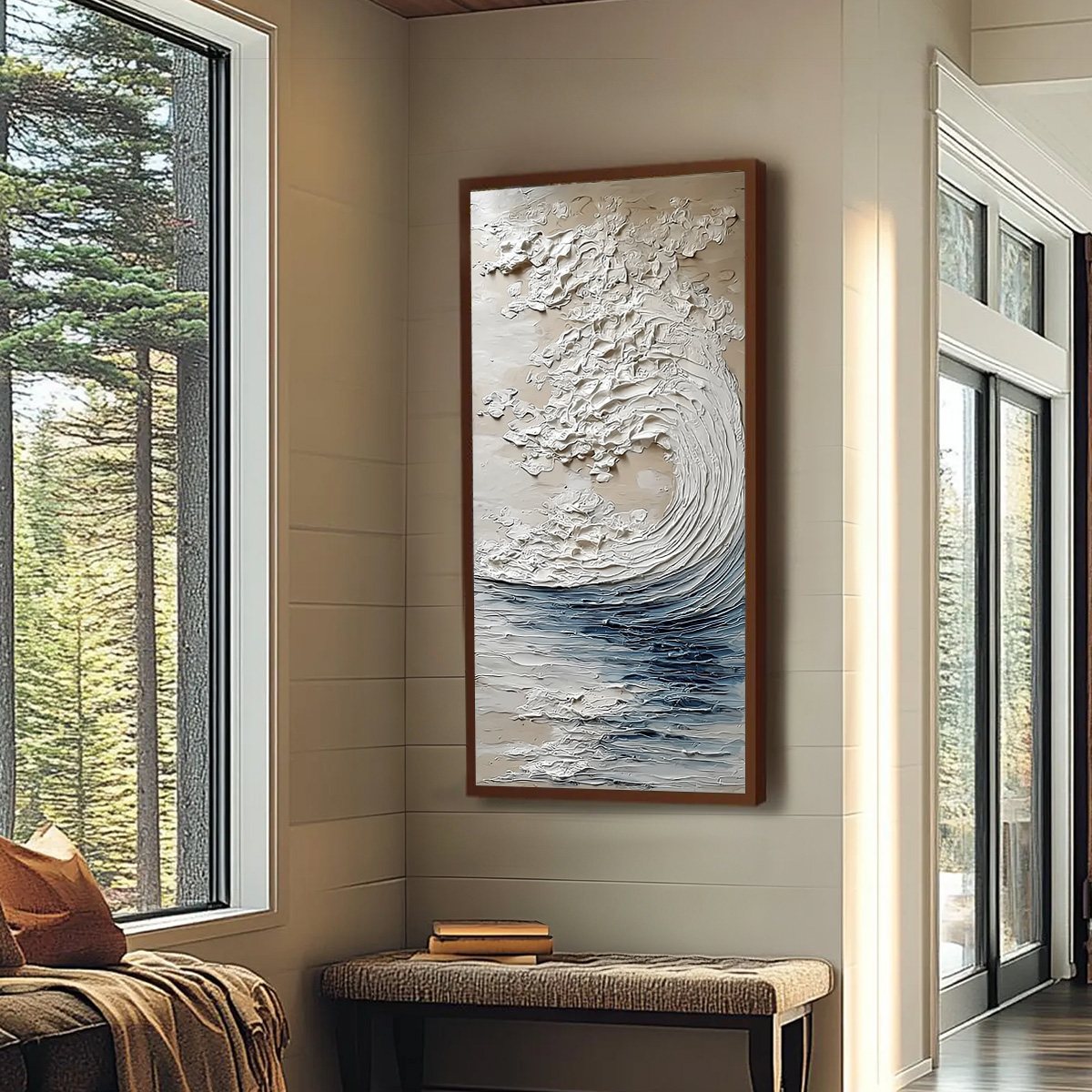 Ocean's Embrace hand-painted beige and ivory textured ocean wave painting shown with wood frame