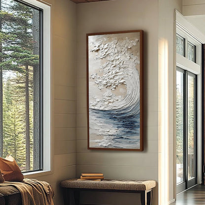 Ocean's Embrace hand-painted beige and ivory textured ocean wave painting shown with wood frame