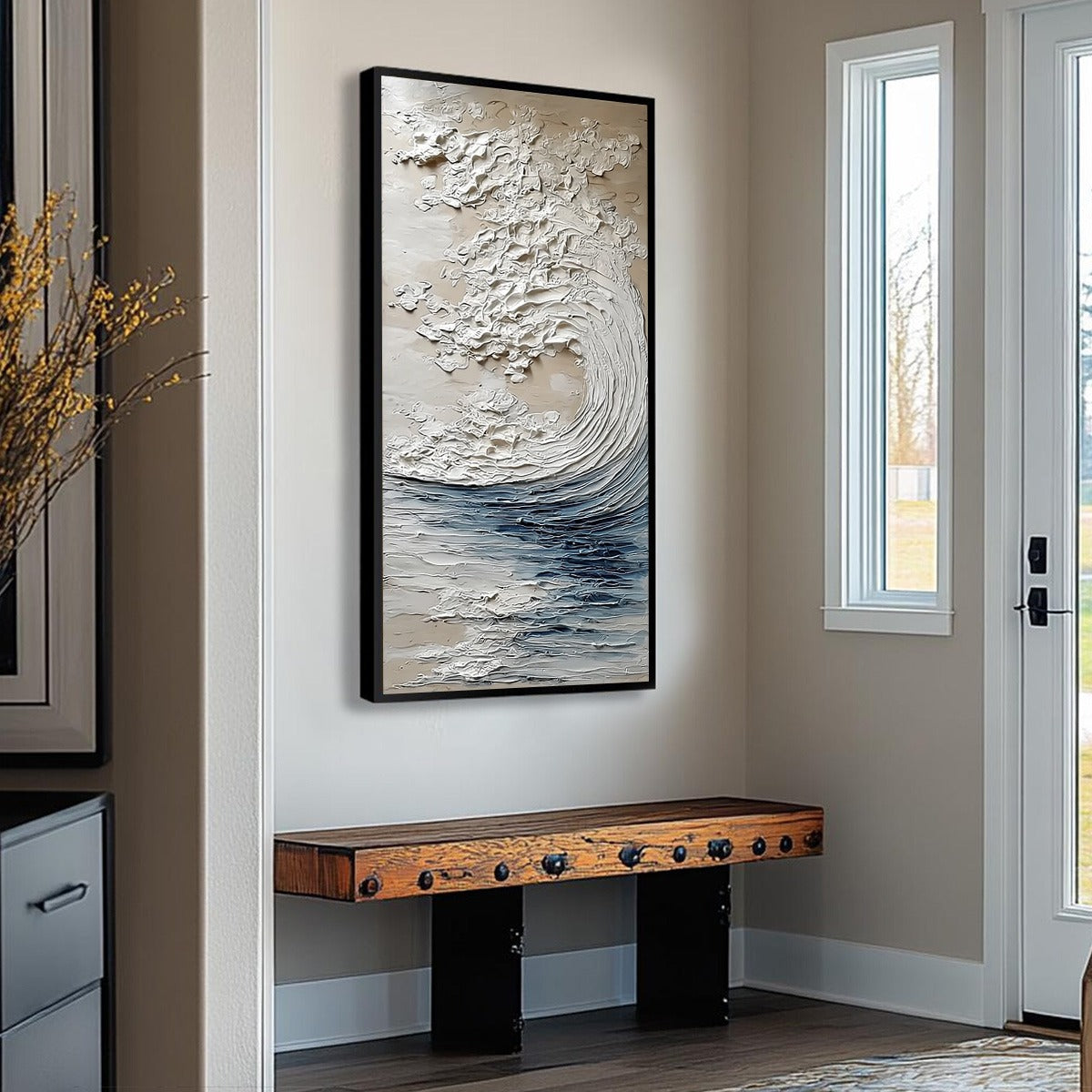 Ocean's Embrace hand-painted beige and ivory textured ocean wave painting rolled canvas option