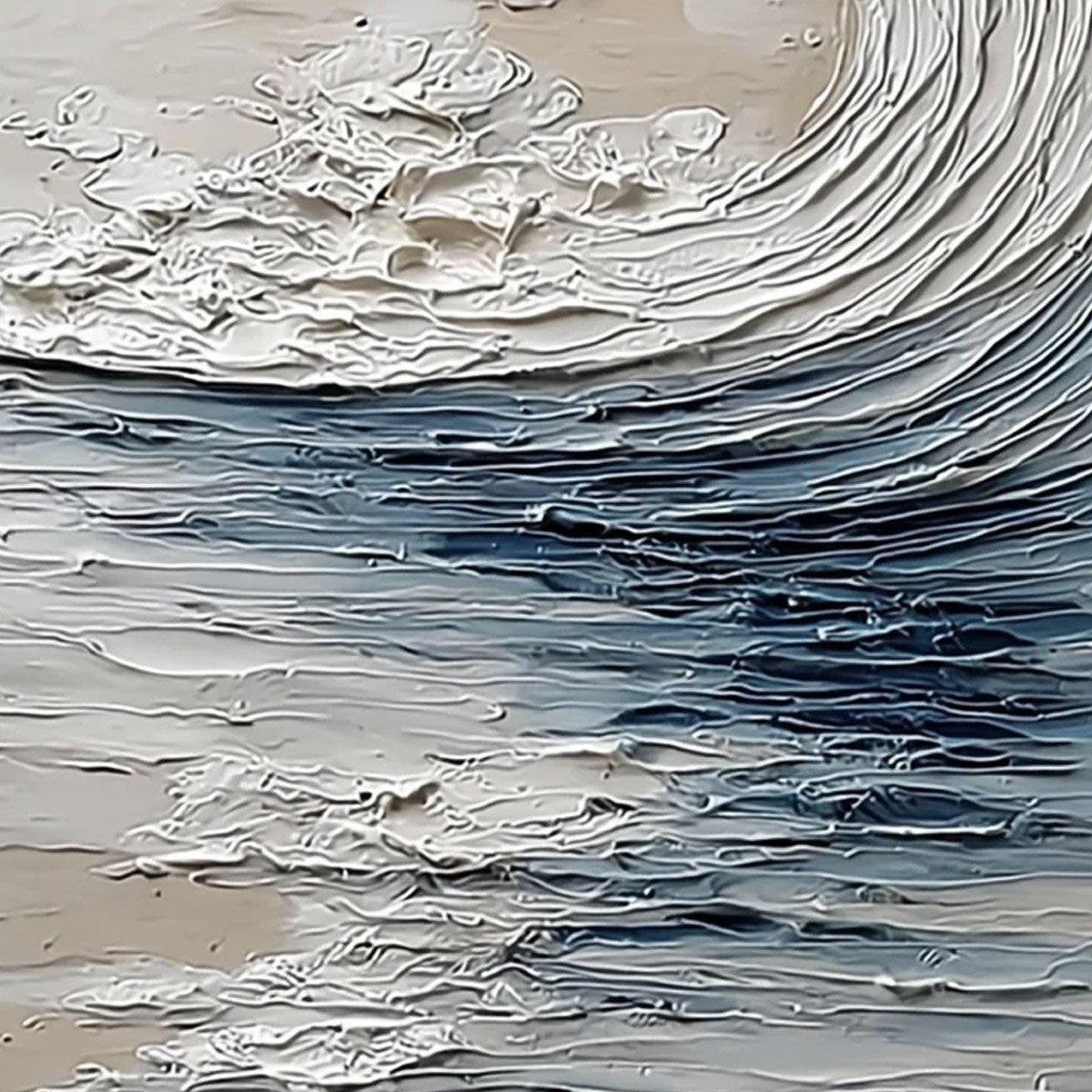Ocean's Embrace hand-painted beige and ivory textured ocean wave painting shown with gold frame
