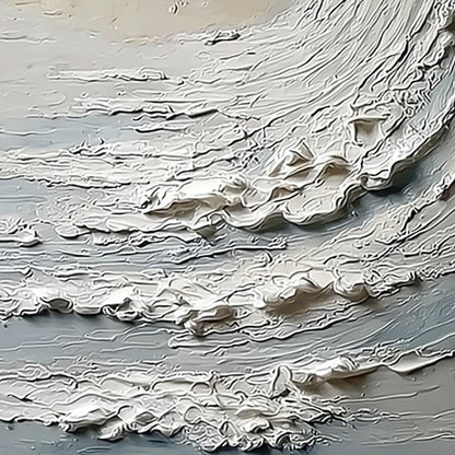 Ocean's Embrace hand-painted beige and ivory textured ocean wave painting shown with white frame