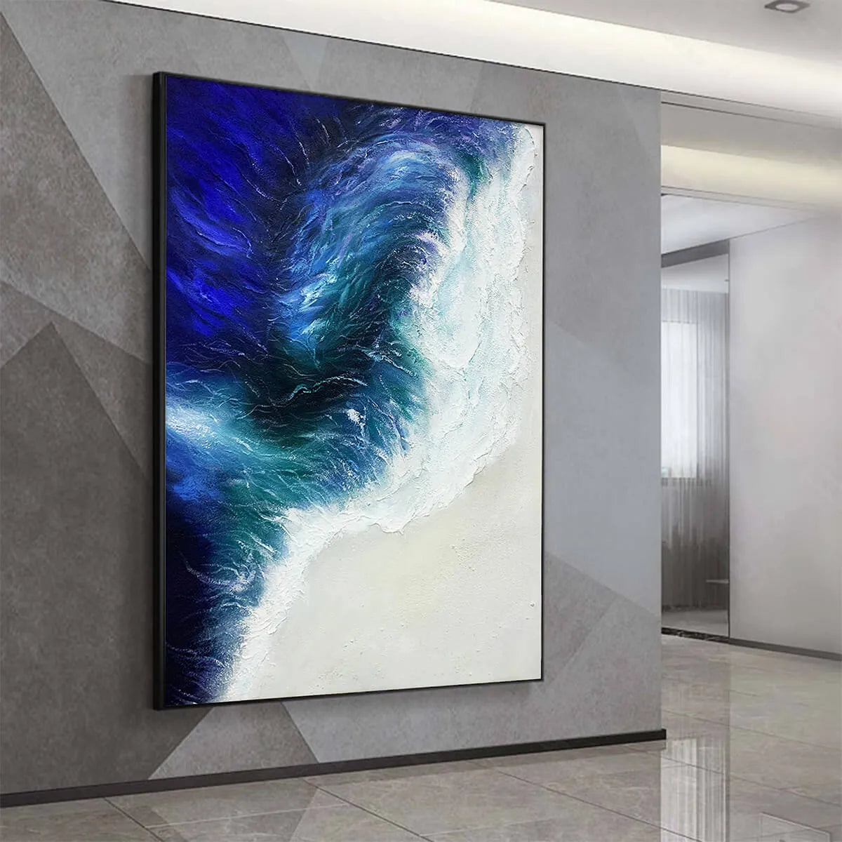 Ocean's Embrace hand-painted ocean blue, ivory and soft neutral tones textured seascape painting shown as stretched canvas