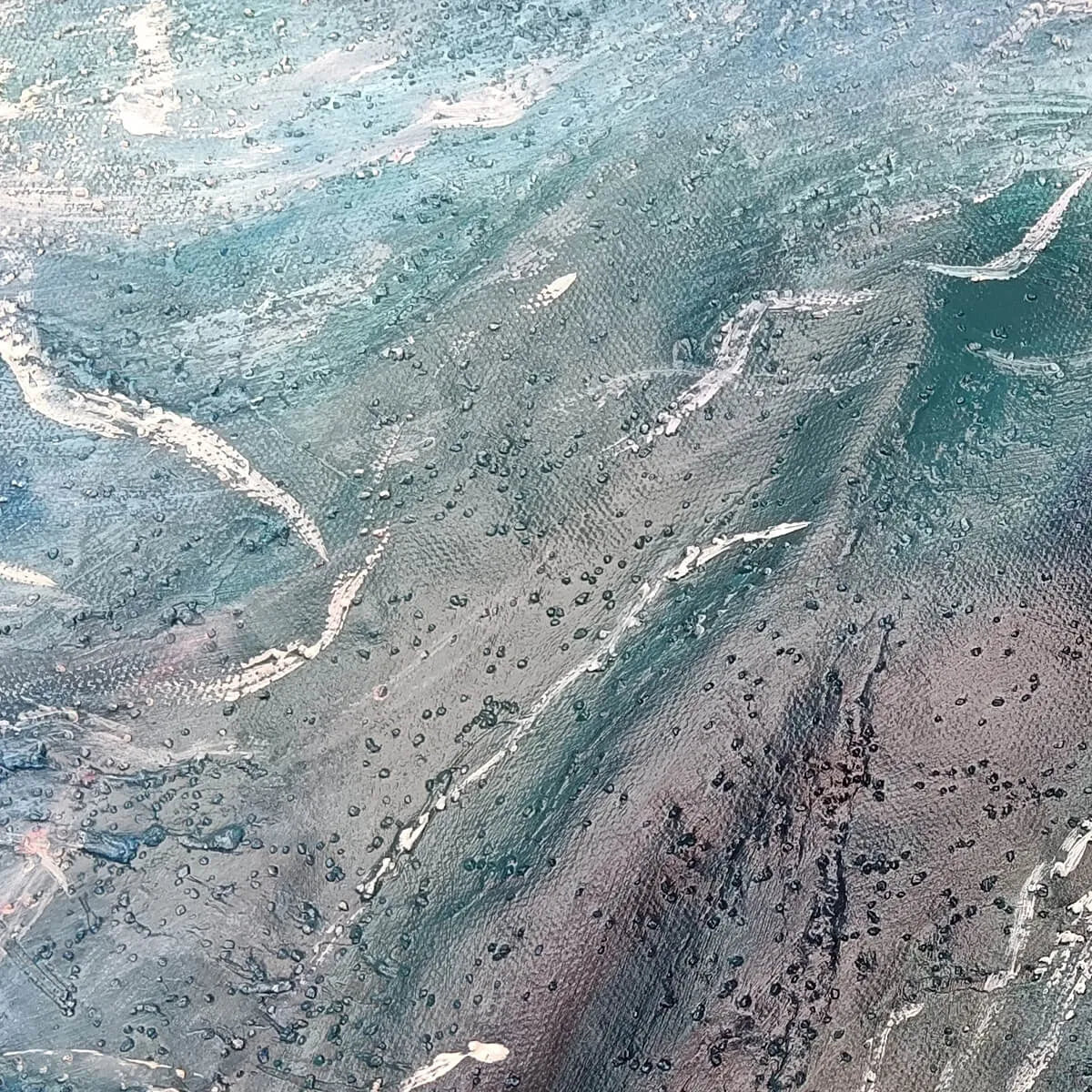 Ocean's Embrace hand-painted ocean blue, ivory and soft neutral tones textured seascape painting shown with white frame