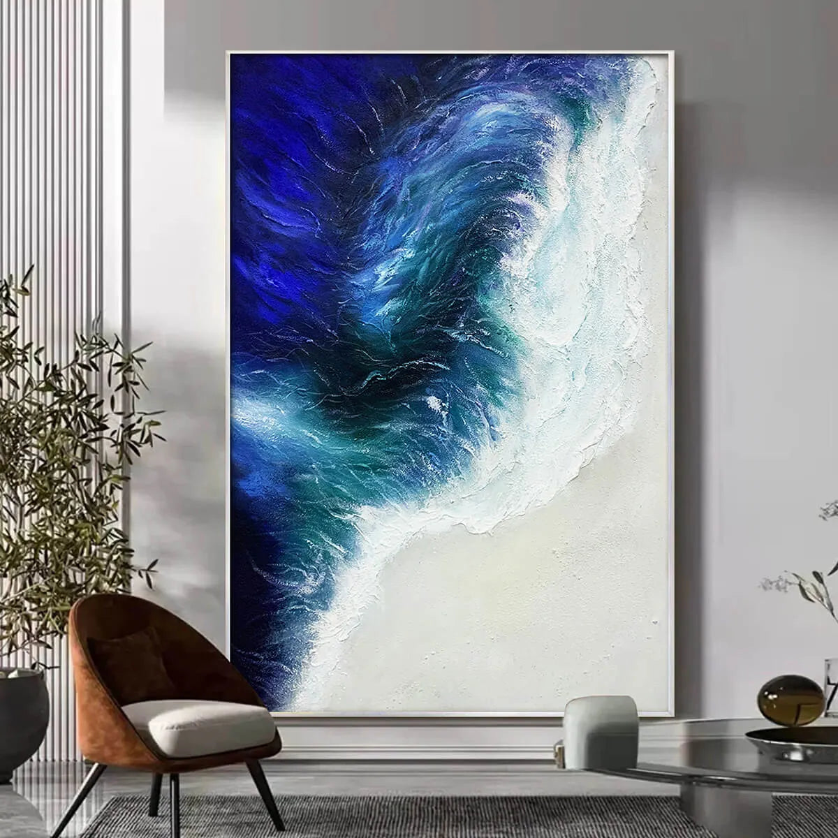 Ocean's Embrace hand-painted ocean blue, ivory and soft neutral tones textured seascape painting rolled canvas option