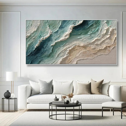 Ocean's Breath hand-painted white, sand and turquoise textured beach scene painting shown with white frame