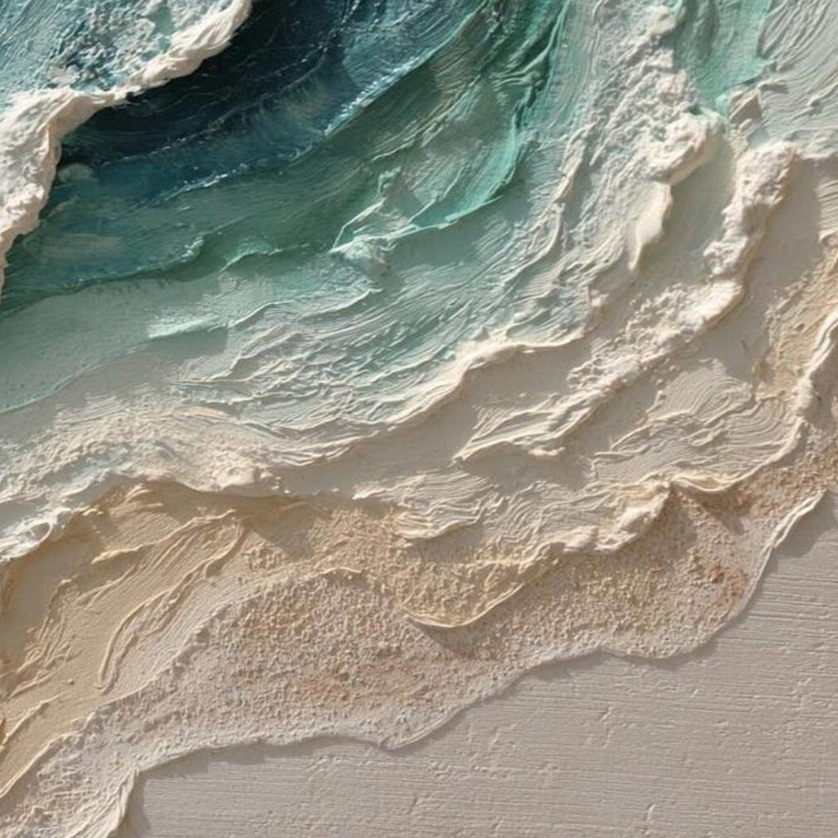 Ocean's Breath hand-painted white, sand and turquoise textured beach scene painting shown with silver frame
