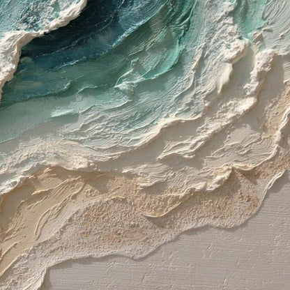 Ocean's Breath hand-painted white, sand and turquoise textured beach scene painting shown with silver frame