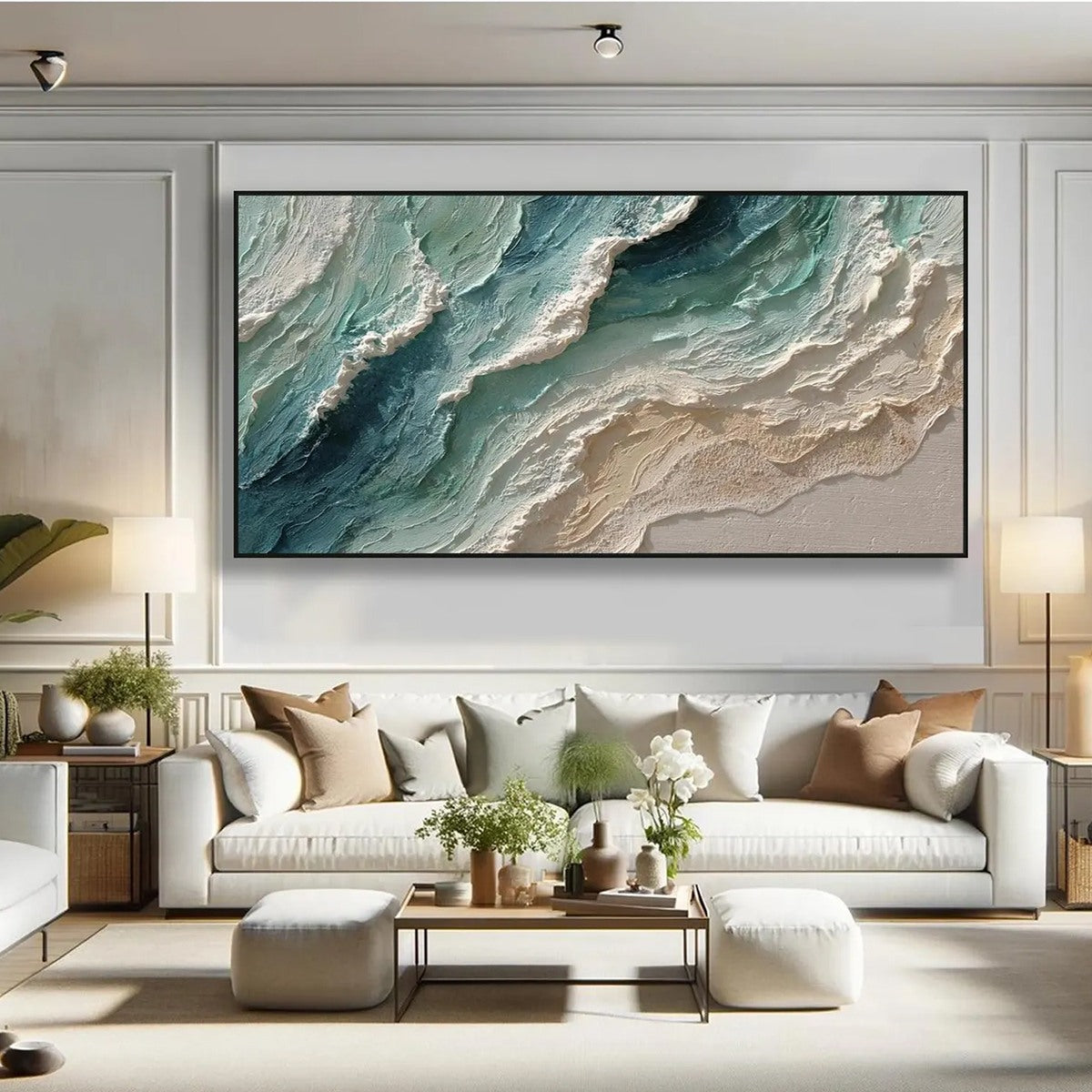 Ocean's Breath hand-painted white, sand and turquoise textured beach scene painting shown with wood frame