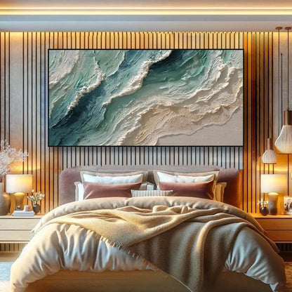 Ocean's Breath hand-painted white, sand and turquoise textured beach scene painting shown as stretched canvas