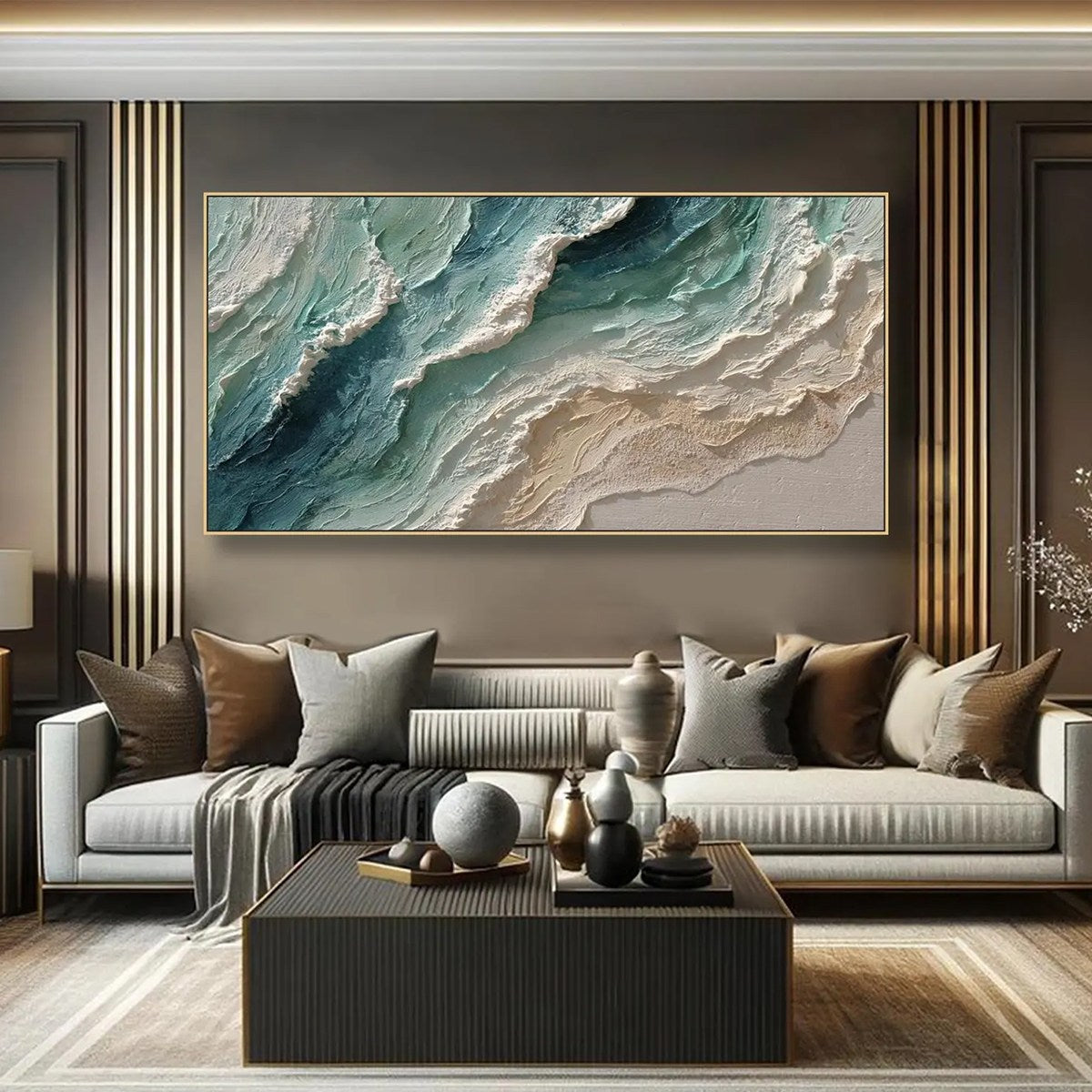 Ocean's Breath hand-painted white, sand and turquoise textured beach scene painting shown with gold frame