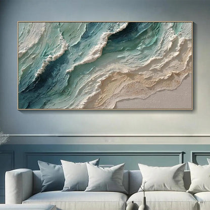 Ocean's Breath hand-painted white, sand and turquoise textured beach scene painting shown as stretched canvas