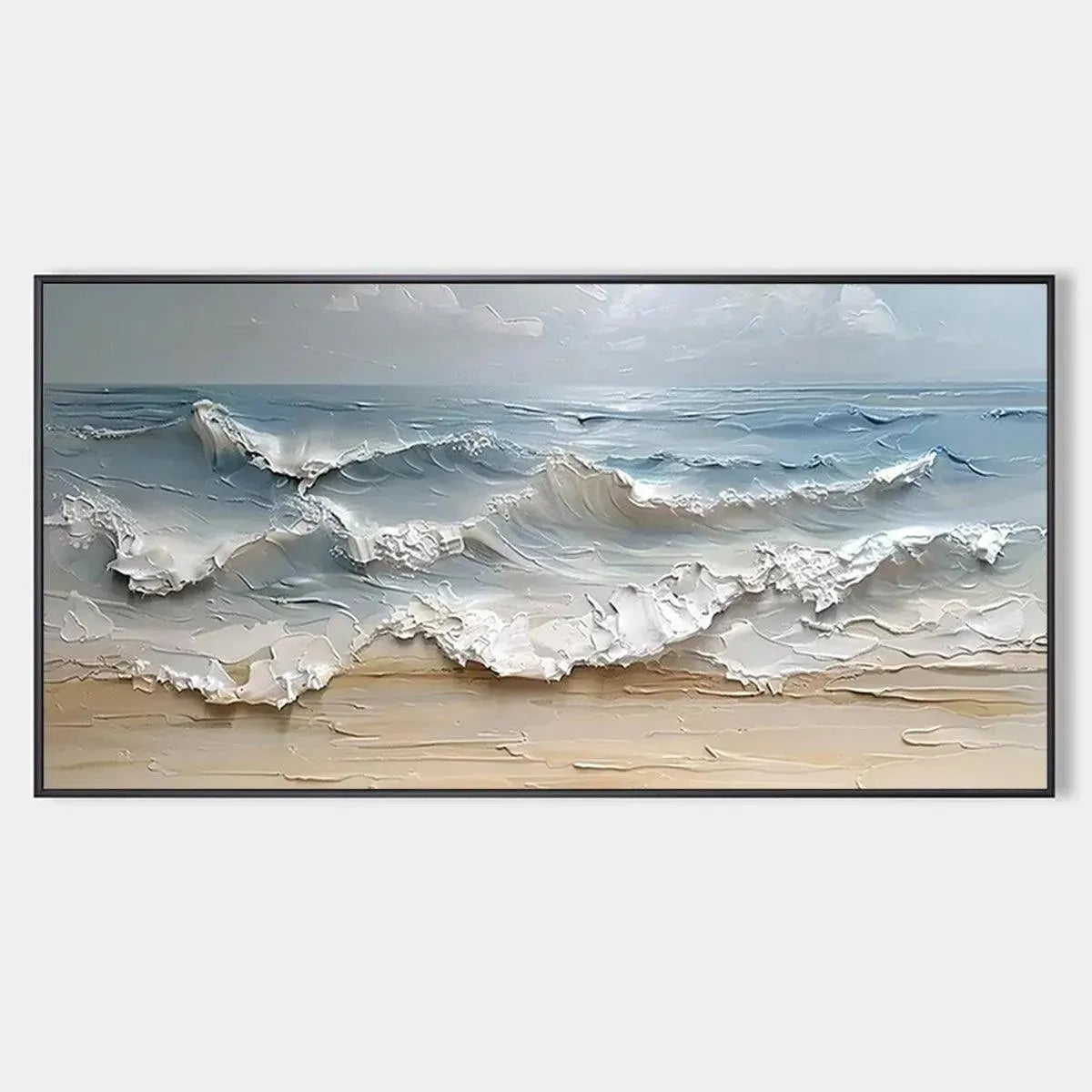 Ocean's Embrace hand-painted ocean blue, ivory and soft neutral tones textured seascape painting rolled canvas option