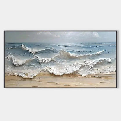 Ocean's Embrace hand-painted ocean blue, ivory and soft neutral tones textured seascape painting rolled canvas option