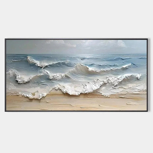 Ocean's Embrace hand-painted ocean blue, ivory and soft neutral tones textured seascape painting rolled canvas option