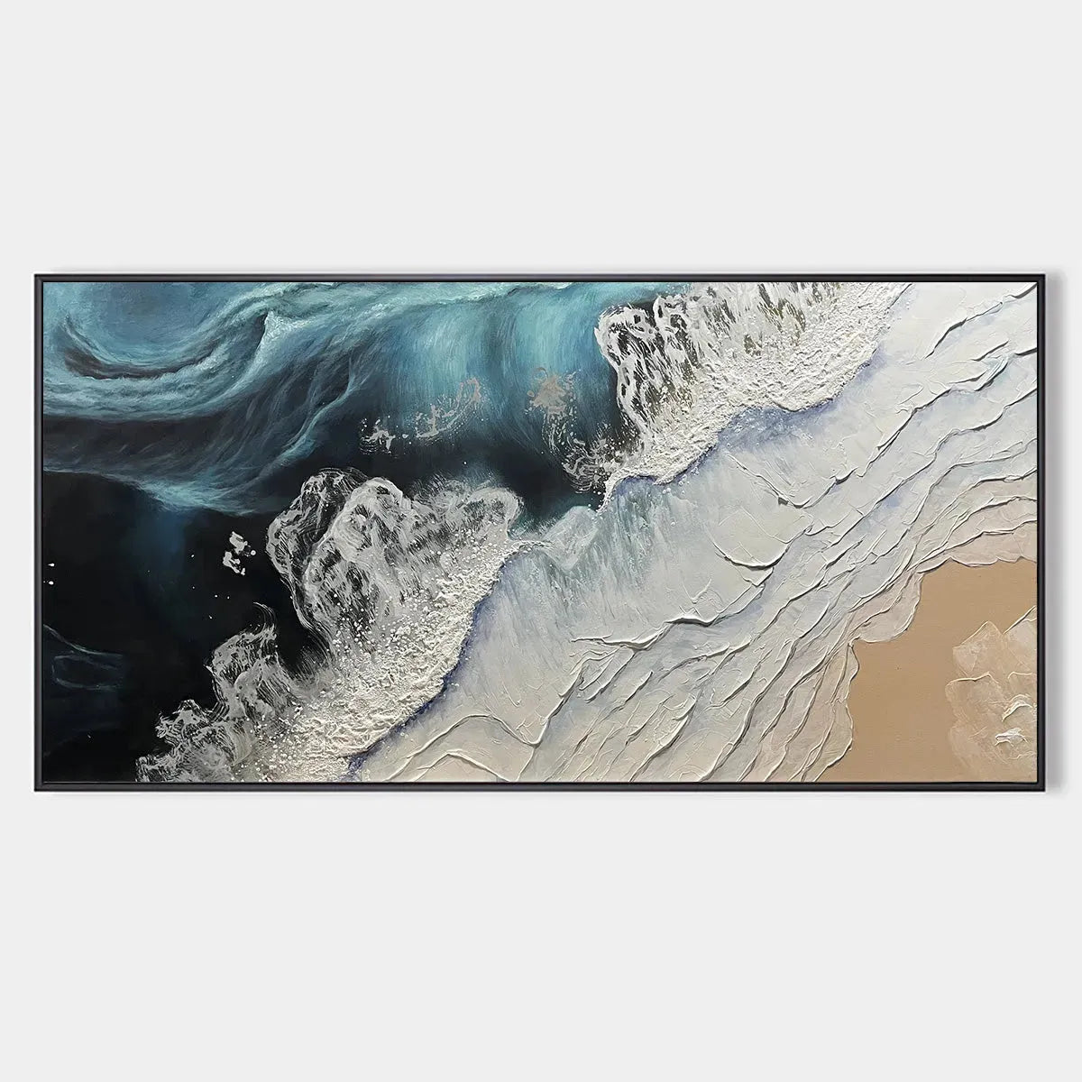 Ocean’s Embrace hand-painted white, beige and ocean blue textured seascape painting rolled canvas option