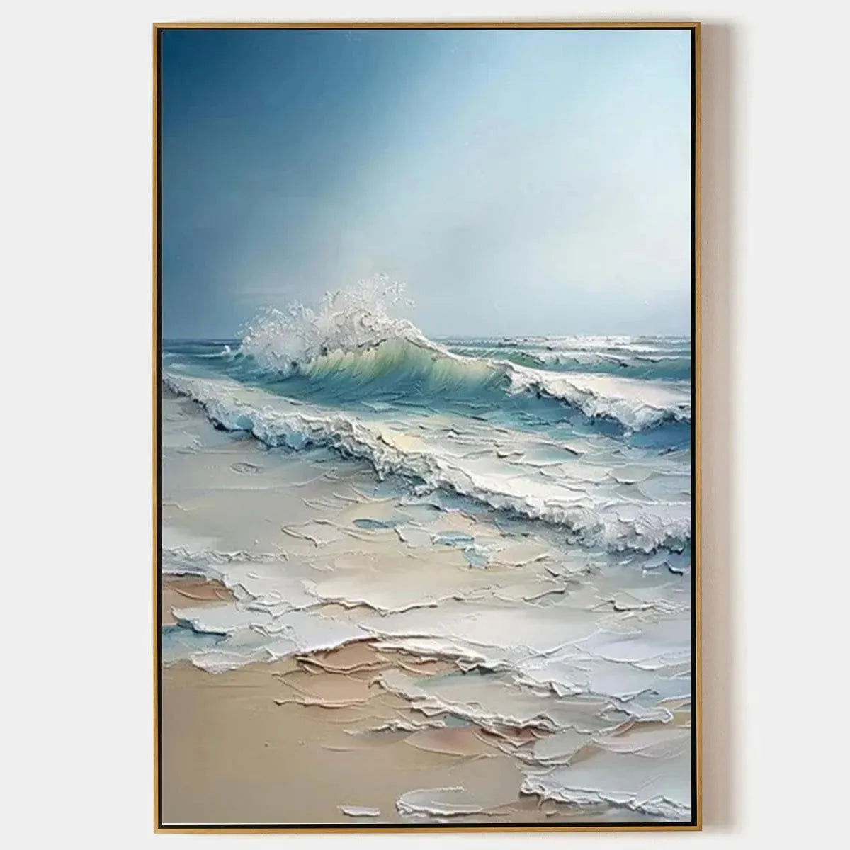 Ocean's Embrace hand-painted ocean blue, ivory and soft neutral tones textured ocean wave painting rolled canvas option