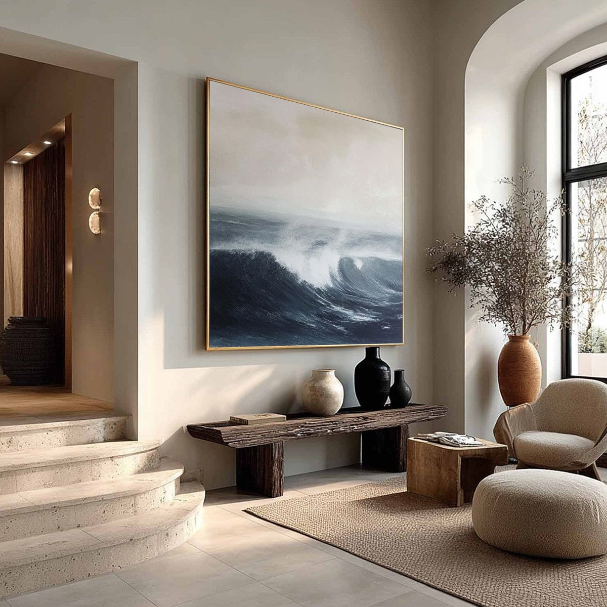 Ocean's Embrace hand-painted ocean blue, ivory and soft neutral tones textured seascape painting shown with white frame