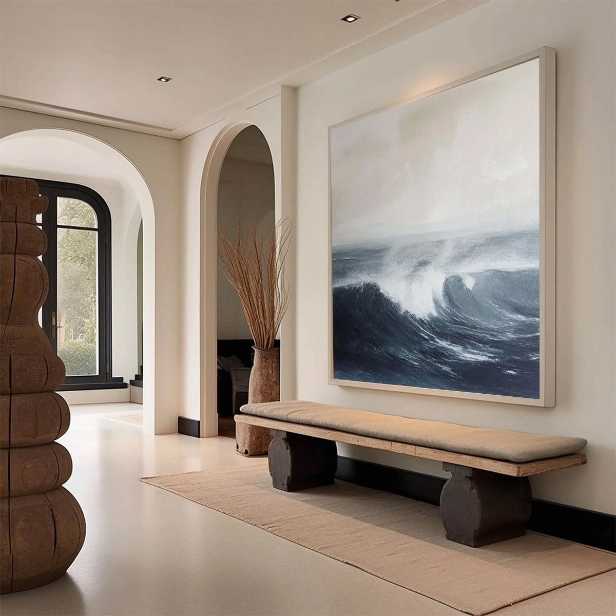 Ocean's Embrace hand-painted ocean blue, ivory and soft neutral tones textured seascape painting shown with black frame