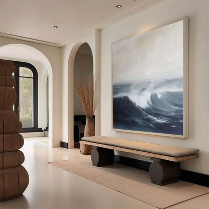 Ocean's Embrace hand-painted ocean blue, ivory and soft neutral tones textured seascape painting shown with black frame