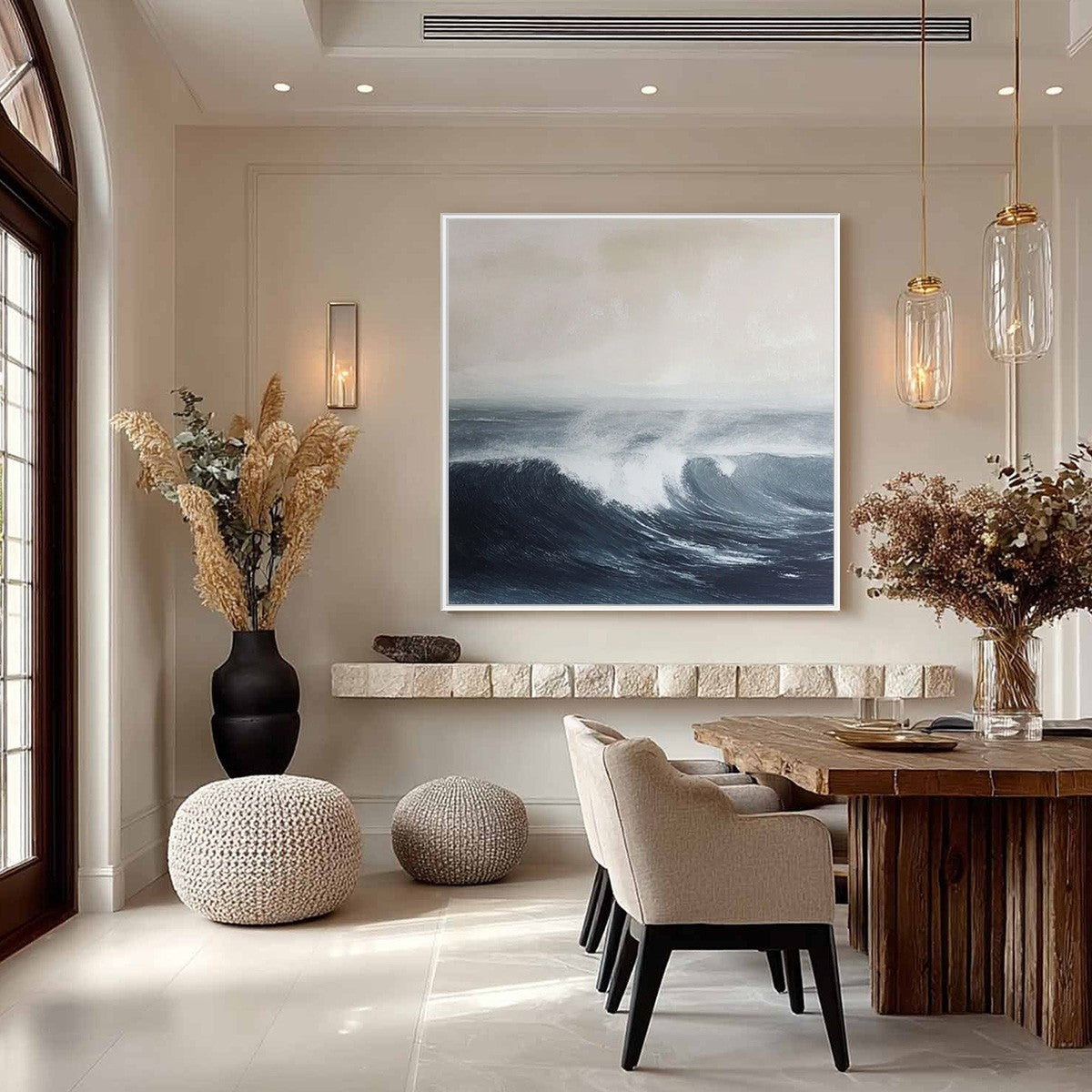 Ocean's Embrace hand-painted ocean blue, ivory and soft neutral tones textured seascape painting shown as stretched canvas
