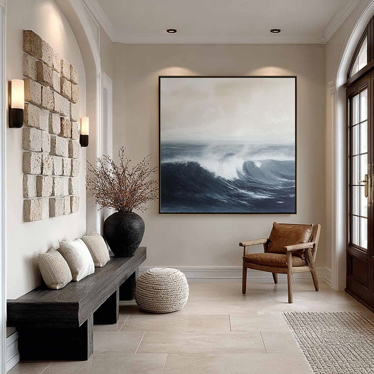 Ocean's Embrace hand-painted ocean blue, ivory and soft neutral tones textured seascape painting rolled canvas option