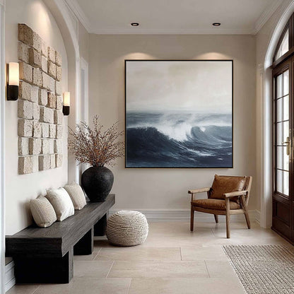 Ocean's Embrace hand-painted ocean blue, ivory and soft neutral tones textured seascape painting rolled canvas option