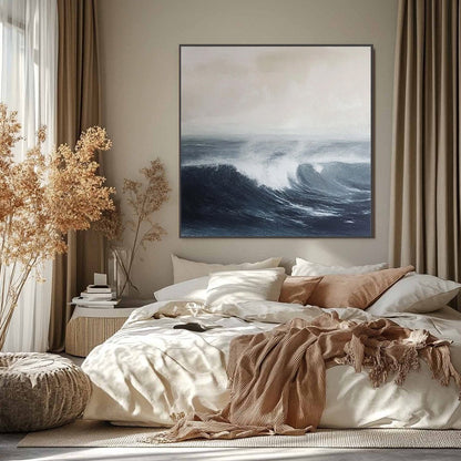 Ocean's Embrace hand-painted ocean blue, ivory and soft neutral tones textured seascape painting shown as stretched canvas