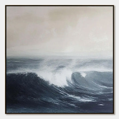 Ocean's Embrace hand-painted ocean blue, ivory and soft neutral tones textured seascape painting rolled canvas option