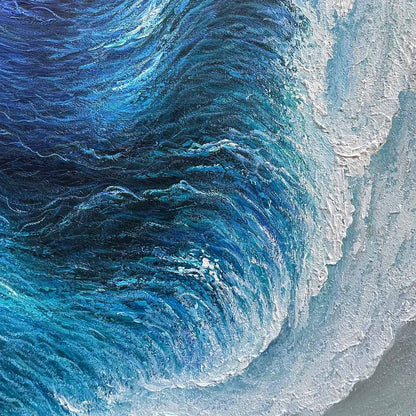 Ocean's Embrace hand-painted ocean blue, ivory and soft neutral tones textured seascape painting shown with silver frame