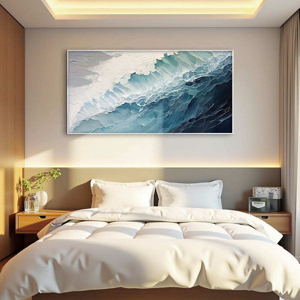 Ocean's Embrace hand-painted white and ocean blue textured coastal abstract painting rolled canvas option