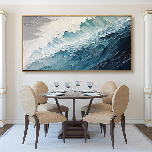 Ocean's Embrace hand-painted white and ocean blue textured coastal abstract painting shown as stretched canvas