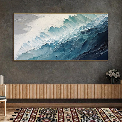 Ocean's Embrace hand-painted white and ocean blue textured coastal abstract painting shown with wood frame