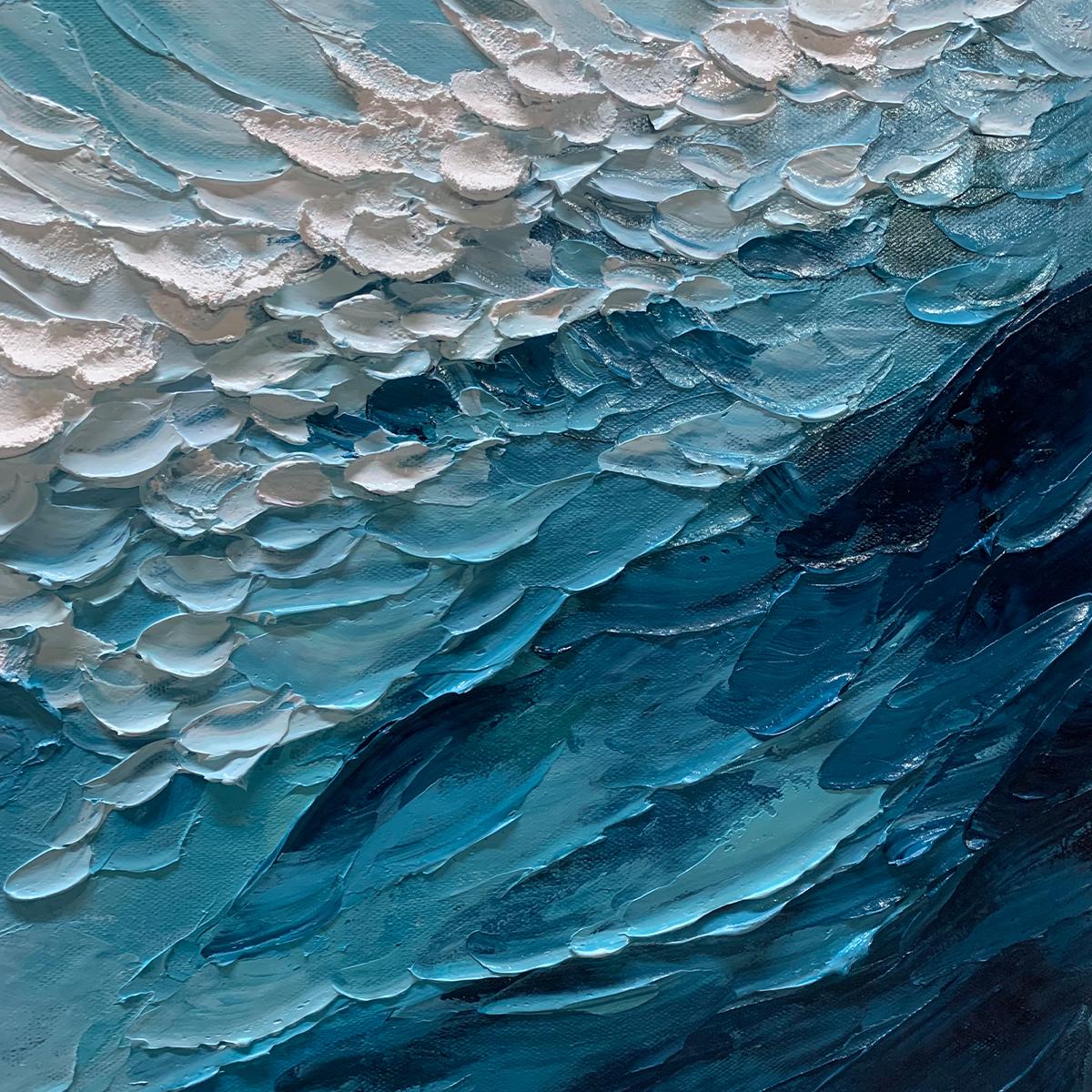 Ocean's Embrace hand-painted white and ocean blue textured coastal abstract painting shown with black frame