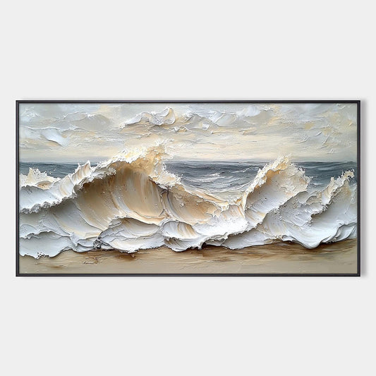 Ocean's Embrace hand-painted white, beige and soft grey textured ocean wave painting rolled canvas option