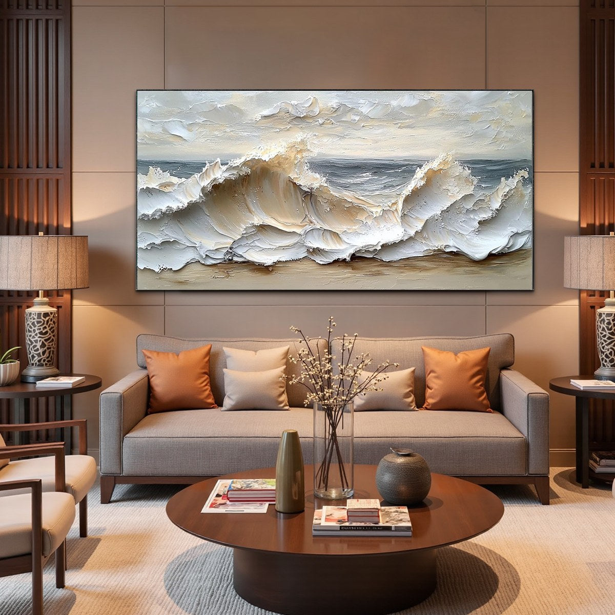 Ocean's Embrace hand-painted white, beige and soft grey textured ocean wave painting shown with wood frame