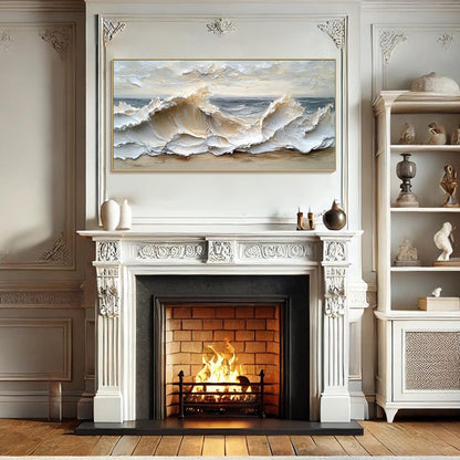 Ocean's Embrace hand-painted white, beige and soft grey textured ocean wave painting rolled canvas option