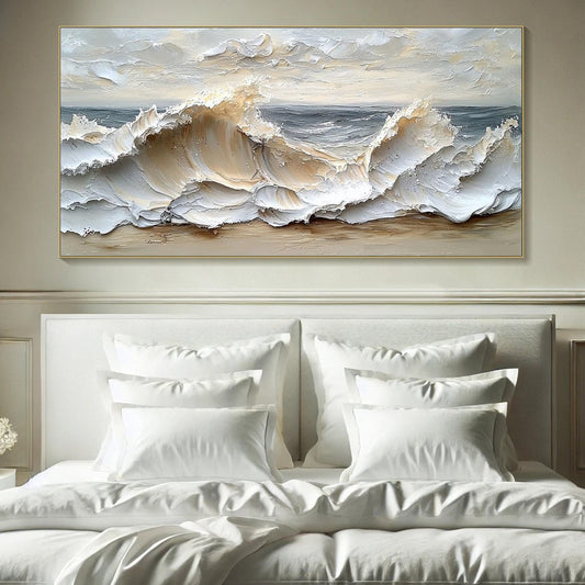Ocean's Embrace hand-painted white, beige and soft grey textured ocean wave painting shown as stretched canvas