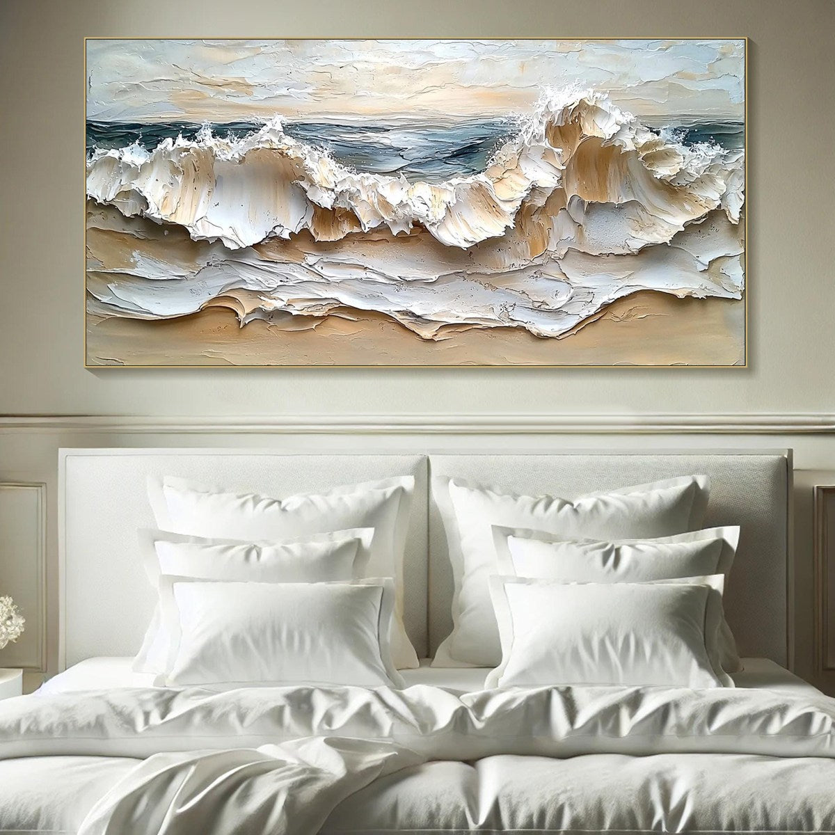 Coastal Crescendo hand-painted ocean blue, ivory and soft neutral tones textured ocean wave painting shown as stretched canvas