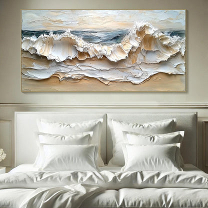 Coastal Crescendo hand-painted ocean blue, ivory and soft neutral tones textured ocean wave painting shown as stretched canvas