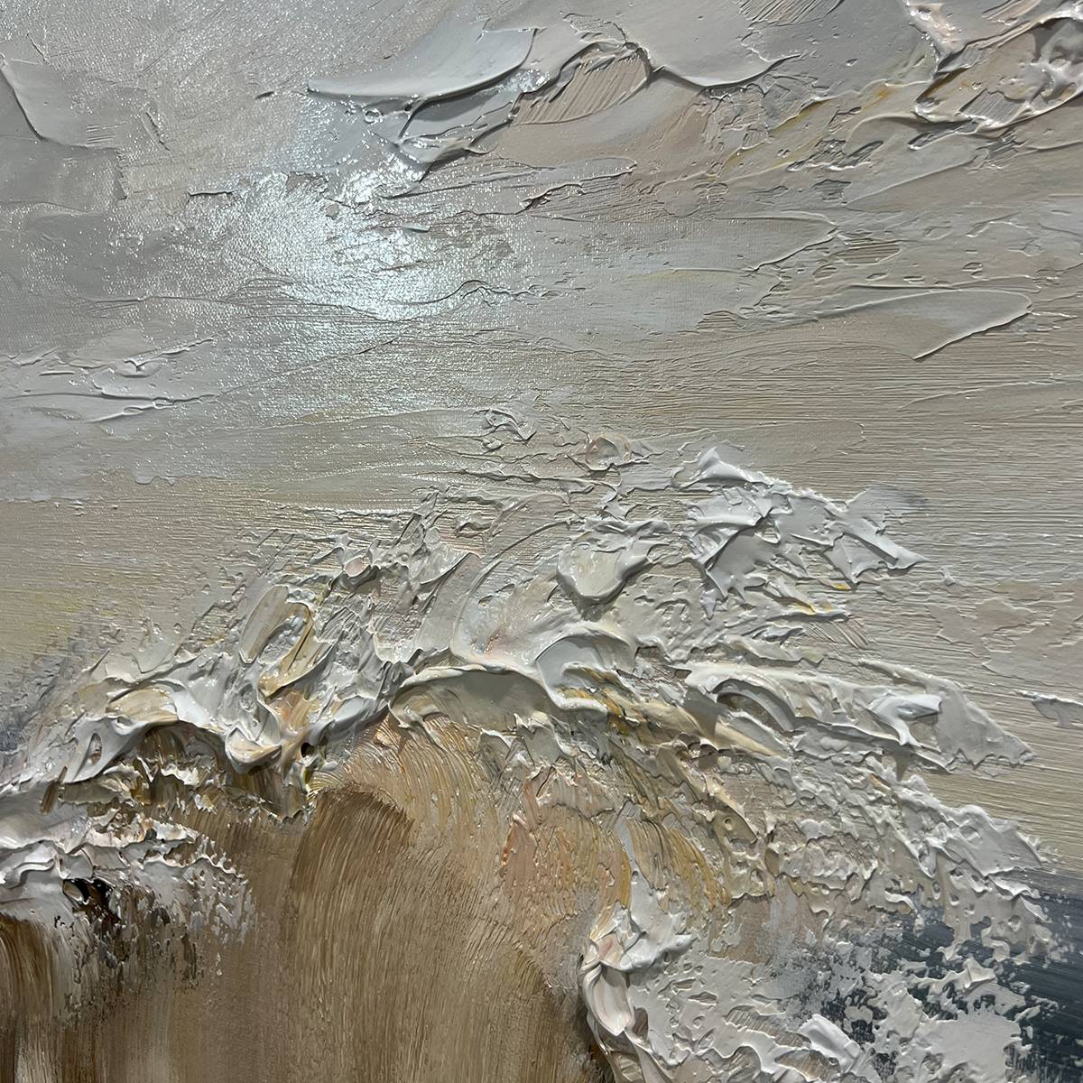 Ocean's Embrace hand-painted white, beige and soft grey textured ocean wave painting shown with black frame