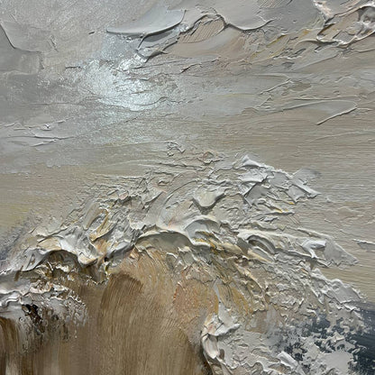 Ocean's Embrace hand-painted white, beige and soft grey textured ocean wave painting shown with black frame