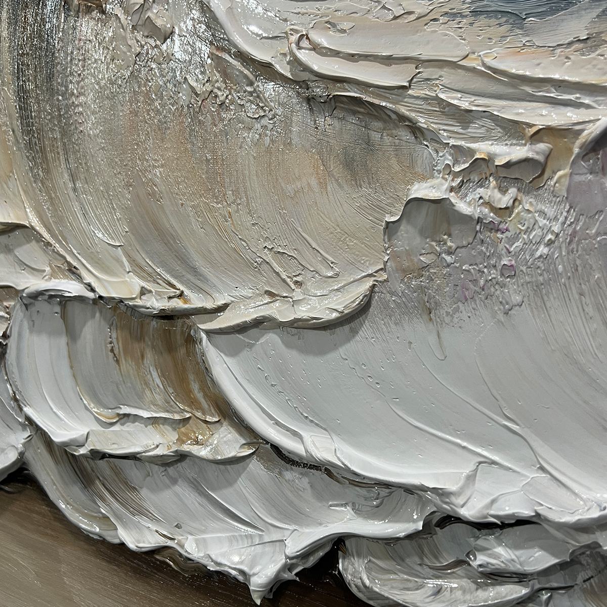 Ocean's Embrace hand-painted white, beige and soft grey textured ocean wave painting shown with silver frame