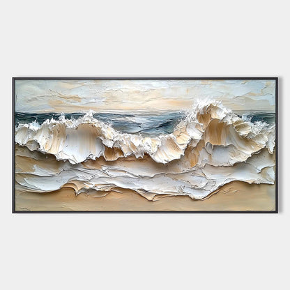 Coastal Crescendo hand-painted ocean blue, ivory and soft neutral tones textured ocean wave painting rolled canvas option